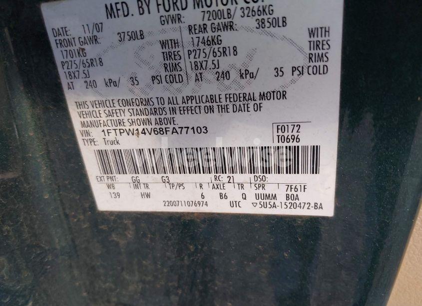 Photo 9 of 2008 Ford F-150 60TH ANNIVERSARY/FX4/KING RANCH/LARIAT/XLT (VIN 1FTPW14V68FA77103)