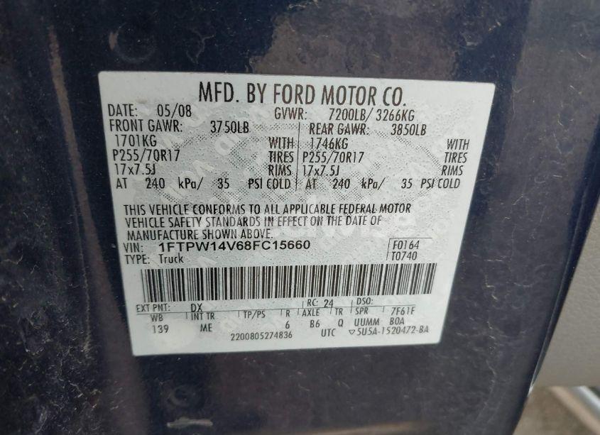 Photo 9 of 2008 Ford F-150 60TH ANNIVERSARY/FX4/KING RANCH/LARIAT/XLT (VIN 1FTPW14V68FC15660)