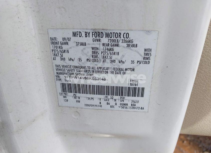 Photo 9 of 2008 Ford F-150 60TH ANNIVERSARY/FX4/KING RANCH/LARIAT/XLT (VIN 1FTPW14V68KB63048)