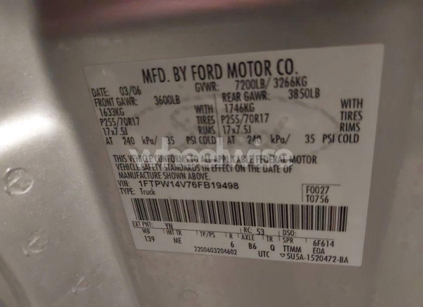 Photo 9 of 2006 Ford F-150 FX4/LARIAT/XLT (VIN 1FTPW14V76FB19498)