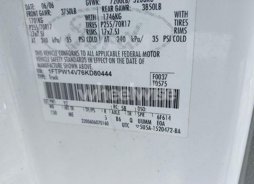 Photo 9 of 2006 Ford F-150 FX4/LARIAT/XLT (VIN 1FTPW14V76KD80444)