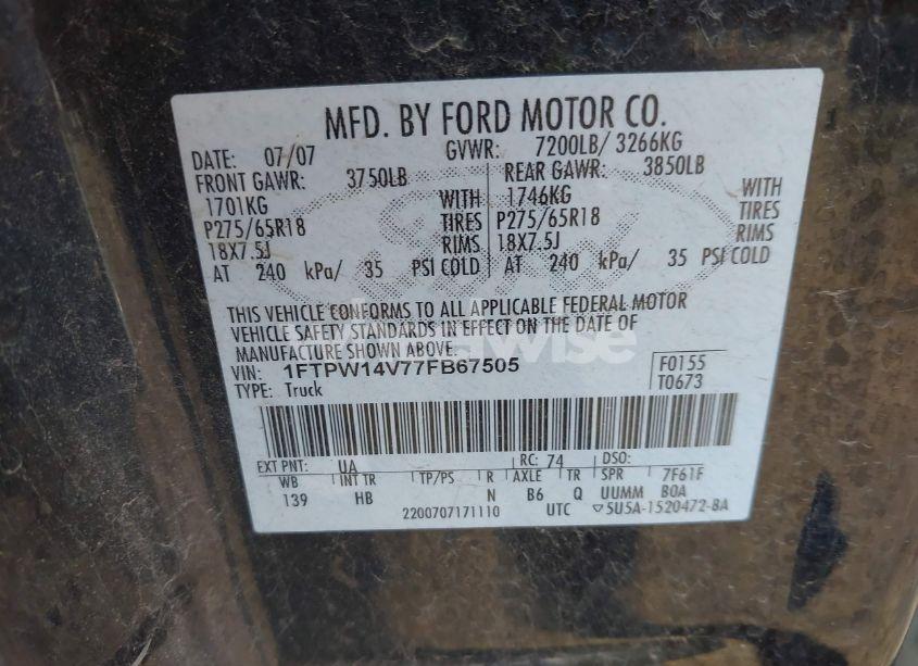 Photo 9 of 2007 Ford F-150 FX4/LARIAT/XLT (VIN 1FTPW14V77FB67505)