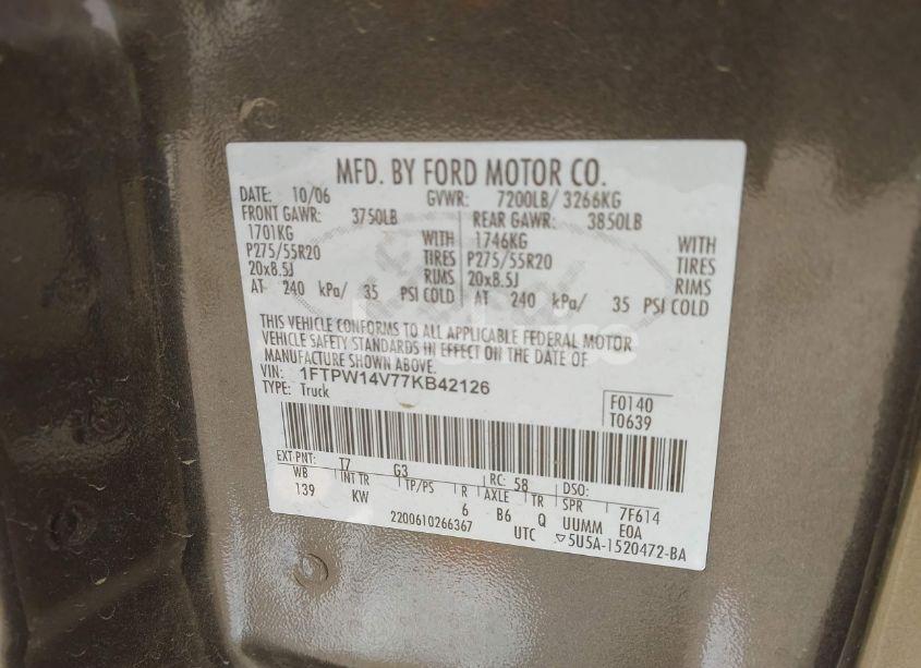 Photo 9 of 2007 Ford F-150 FX4/LARIAT/XLT (VIN 1FTPW14V77KB42126)