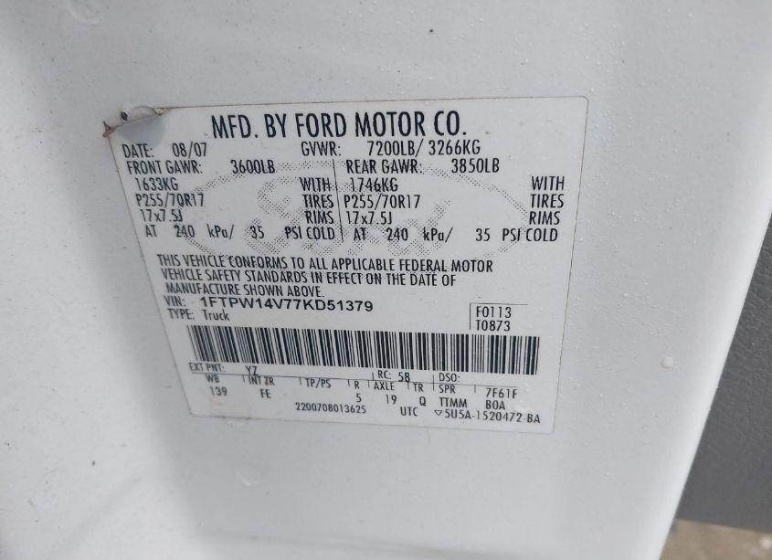 Photo 9 of 2007 Ford F-150 FX4/LARIAT/XLT (VIN 1FTPW14V77KD51379)