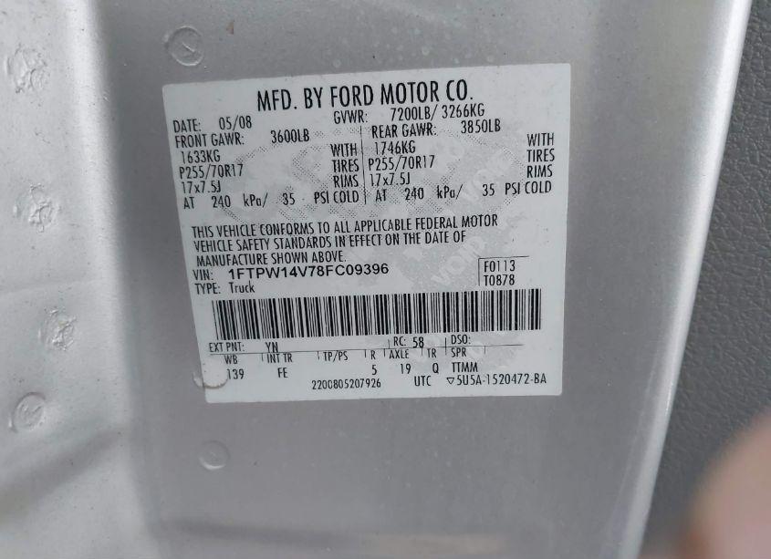 Photo 9 of 2008 Ford F-150 60TH ANNIVERSARY/FX4/KING RANCH/LARIAT/XLT (VIN 1FTPW14V78FC09396)