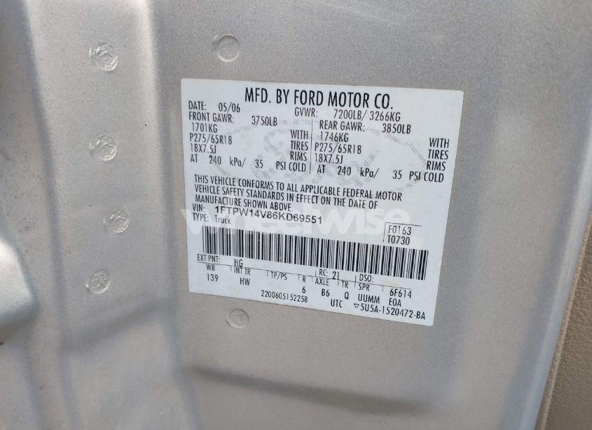 Photo 9 of 2006 Ford F-150 FX4/LARIAT/XLT (VIN 1FTPW14V86KD69551)