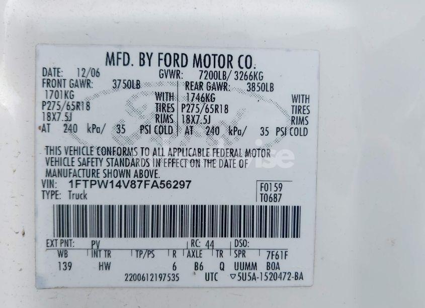 Photo 9 of 2007 Ford F-150 (VIN 1FTPW14V87FA56297)