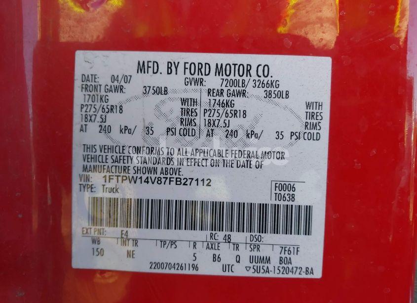 Photo 9 of 2007 Ford F-150 FX4/LARIAT/XLT (VIN 1FTPW14V87FB27112)