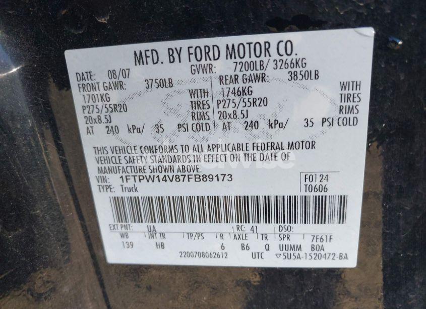 Photo 9 of 2007 Ford F-150 FX4/LARIAT/XLT (VIN 1FTPW14V87FB89173)