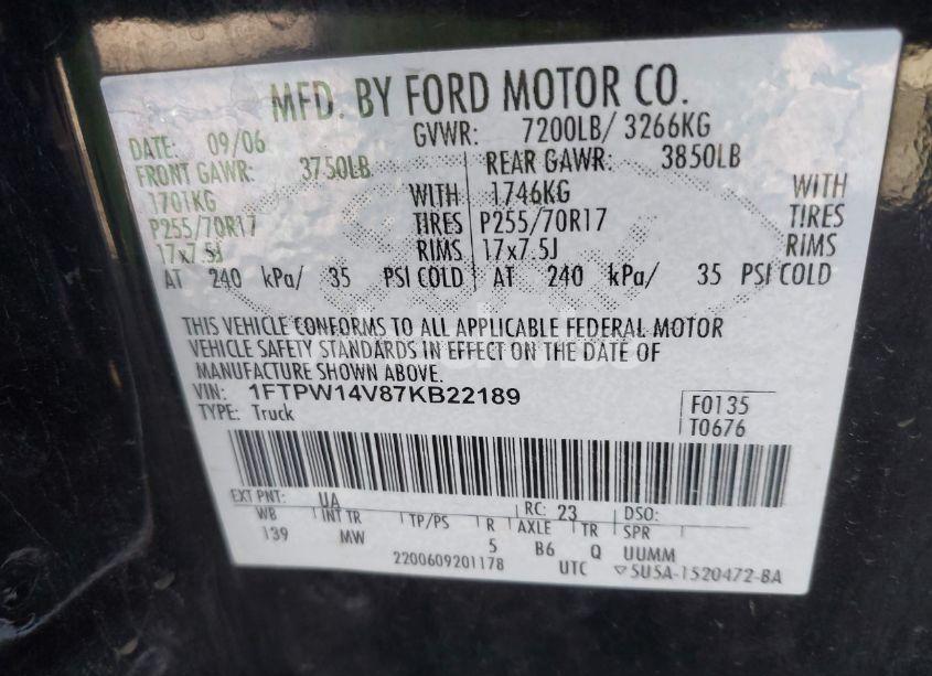 Photo 9 of 2007 Ford F-150 FX4/LARIAT/XLT (VIN 1FTPW14V87KB22189)