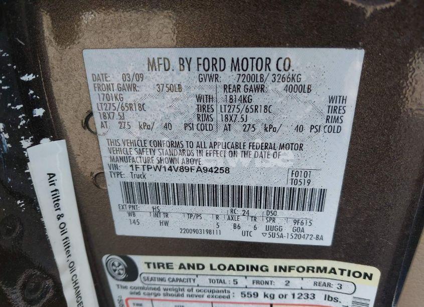 Photo 9 of 2009 Ford F-150 FX4/KING RANCH/LARIAT/PLATINUM/XL/XLT (VIN 1FTPW14V89FA94258)