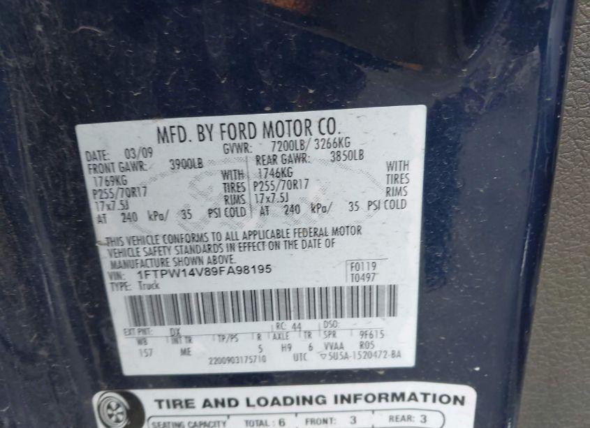 Photo 9 of 2009 Ford F-150 FX4/KING RANCH/LARIAT/PLATINUM/XL/XLT (VIN 1FTPW14V89FA98195)