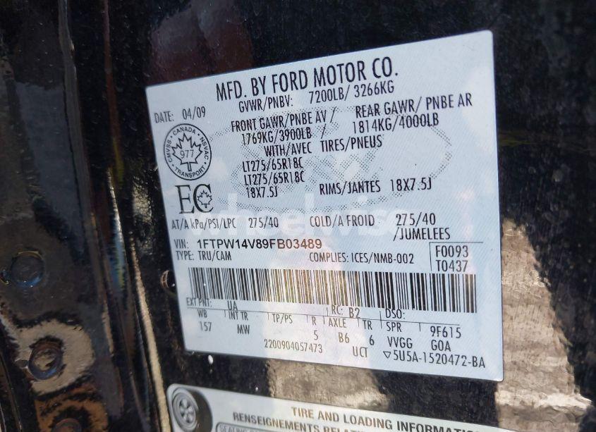 Photo 9 of 2009 Ford F-150 FX4/KING RANCH/LARIAT/PLATINUM/XL/XLT (VIN 1FTPW14V89FB03489)