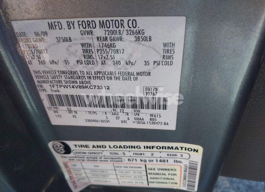 Photo 9 of 2009 Ford F-150 FX4/KING RANCH/LARIAT/PLATINUM/XL/XLT (VIN 1FTPW14V89KC73312)