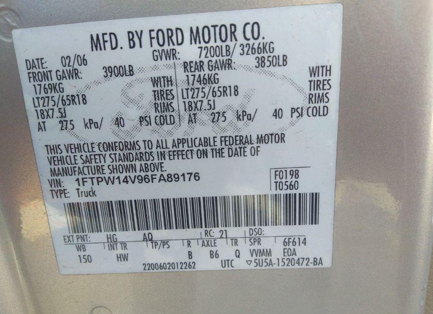 Photo 9 of 2006 Ford F-150 FX4/LARIAT/XLT (VIN 1FTPW14V96FA89176)