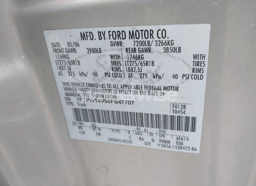 Photo 9 of 2006 Ford F-150 FX4/LARIAT/XLT (VIN 1FTPW14V96FB47707)