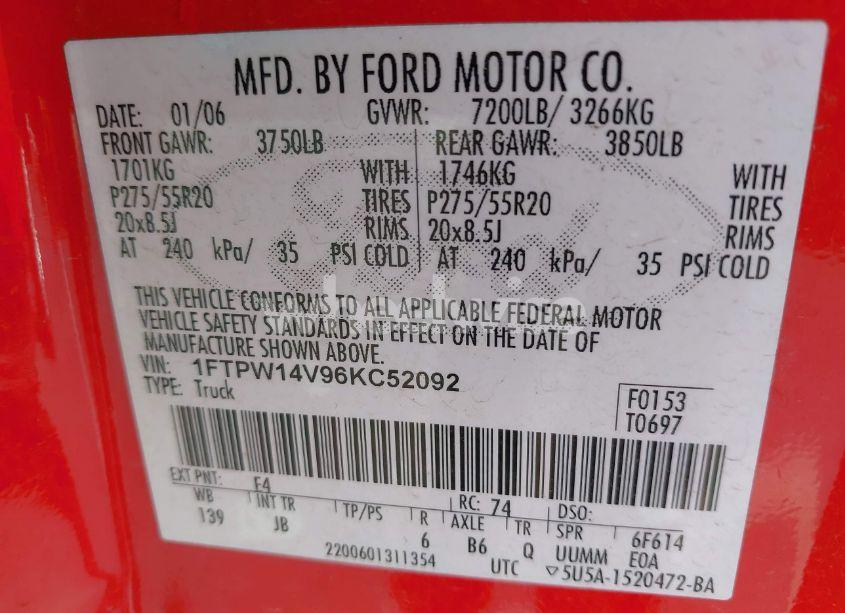 Photo 9 of 2006 Ford F-150 FX4/LARIAT/XLT (VIN 1FTPW14V96KC52092)