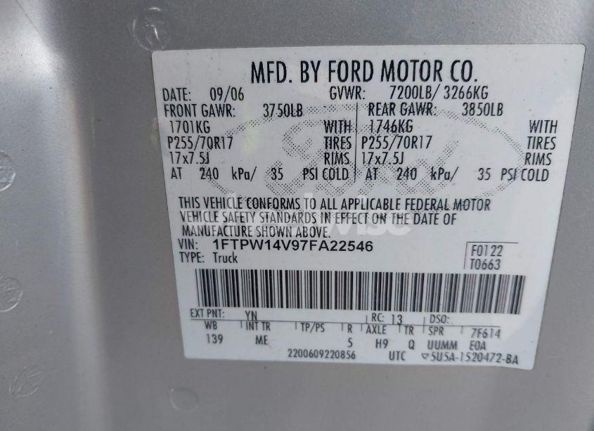 Photo 9 of 2007 Ford F-150 FX4/LARIAT/XLT (VIN 1FTPW14V97FA22546)