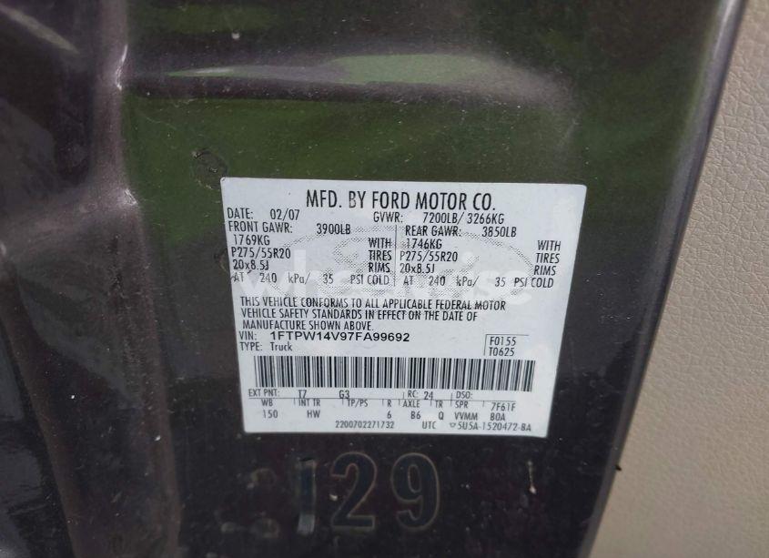 Photo 9 of 2007 Ford F-150 FX4/LARIAT/XLT (VIN 1FTPW14V97FA99692)