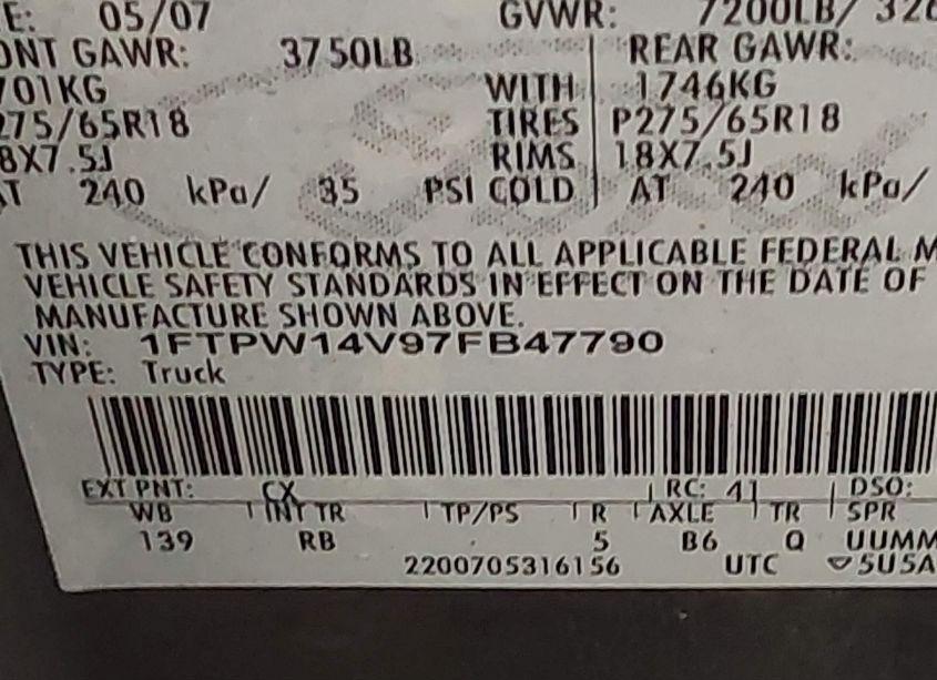 Photo 9 of 2007 Ford F-150 FX4/LARIAT/XLT (VIN 1FTPW14V97FB47790)