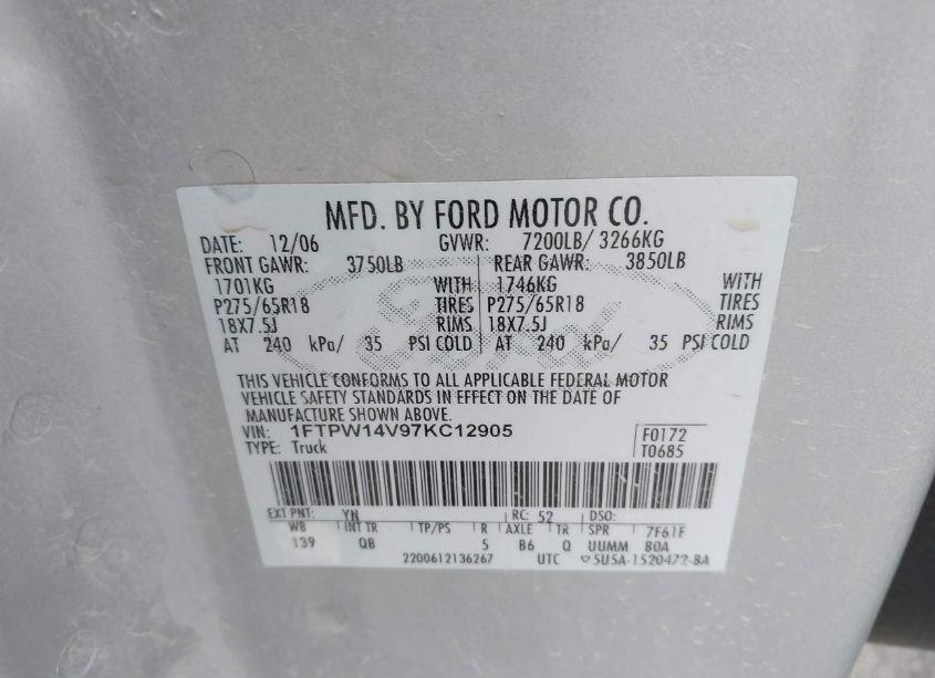 Photo 9 of 2007 Ford F-150 FX4/LARIAT/XLT (VIN 1FTPW14V97KC12905)