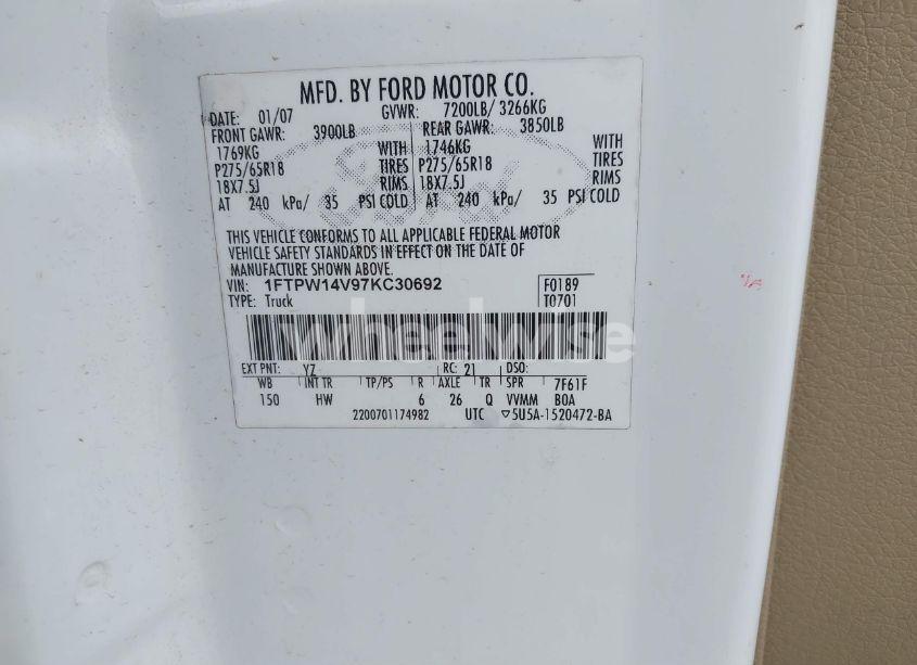 Photo 9 of 2007 Ford F-150 (VIN 1FTPW14V97KC30692)