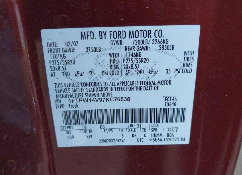 Photo 9 of 2007 Ford F-150 FX4/LARIAT/XLT (VIN 1FTPW14V97KC76538)