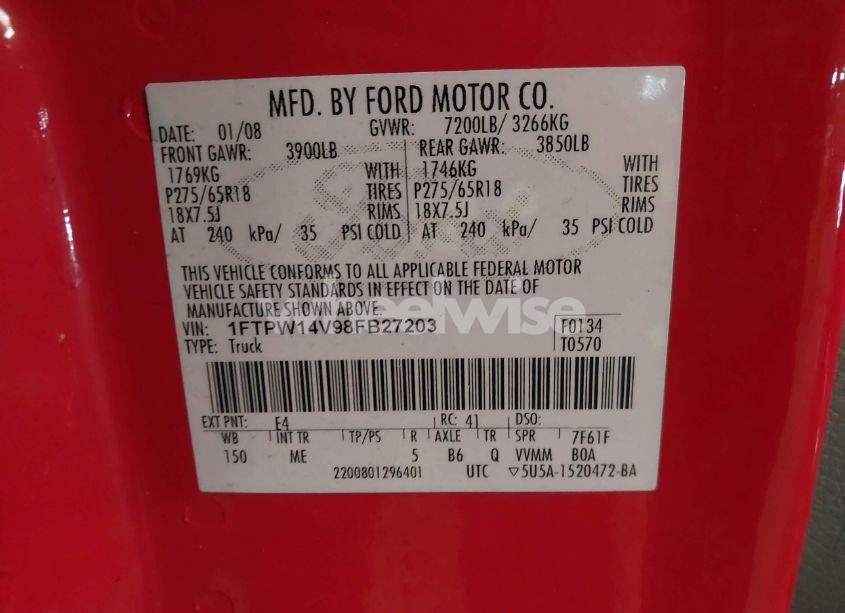 Photo 9 of 2008 Ford F-150 60TH ANNIVERSARY/FX4/KING RANCH/LARIAT/XLT (VIN 1FTPW14V98FB27203)