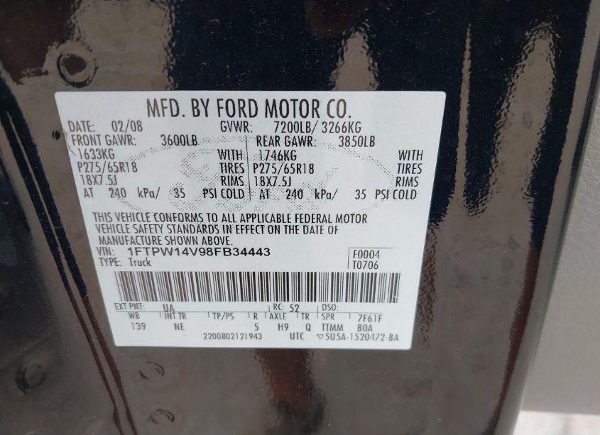 Photo 9 of 2008 Ford F-150 60TH ANNIVERSARY/FX4/KING RANCH/LARIAT/XLT (VIN 1FTPW14V98FB34443)