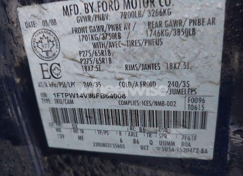 Photo 9 of 2008 Ford F-150 60TH ANNIVERSARY/FX4/KING RANCH/LARIAT/XLT (VIN 1FTPW14V98FB64008)