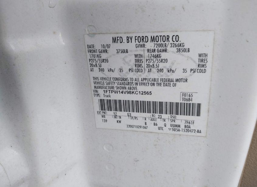 Photo 9 of 2008 Ford F-150 60TH ANNIVERSARY/FX4/KING RANCH/LARIAT/XLT (VIN 1FTPW14V98KC12565)