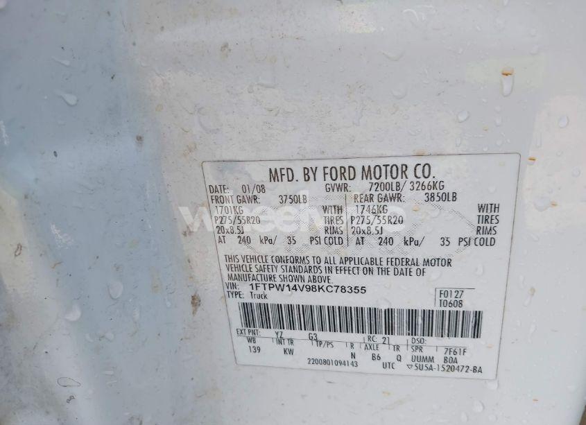 Photo 9 of 2008 Ford F-150 60TH ANNIVERSARY/FX4/KING RANCH/LARIAT/XLT (VIN 1FTPW14V98KC78355)