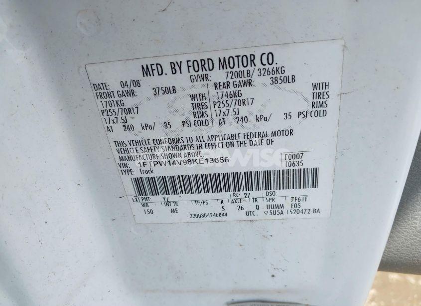 Photo 9 of 2008 Ford F-150 60TH ANNIVERSARY/FX4/KING RANCH/LARIAT/XLT (VIN 1FTPW14V98KE13656)