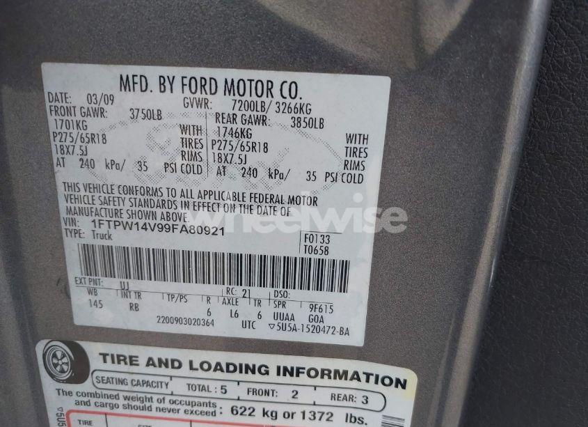 Photo 8 of 2009 Ford F-150 FX4/KING RANCH/LARIAT/PLATINUM/XL/XLT (VIN 1FTPW14V99FA80921)