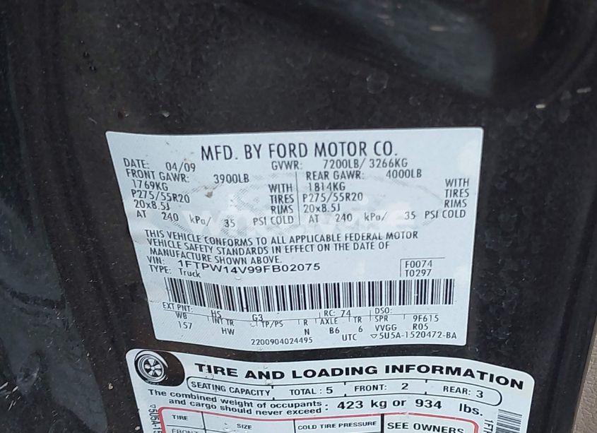 Photo 9 of 2009 Ford F-150 FX4/KING RANCH/LARIAT/PLATINUM/XL/XLT (VIN 1FTPW14V99FB02075)