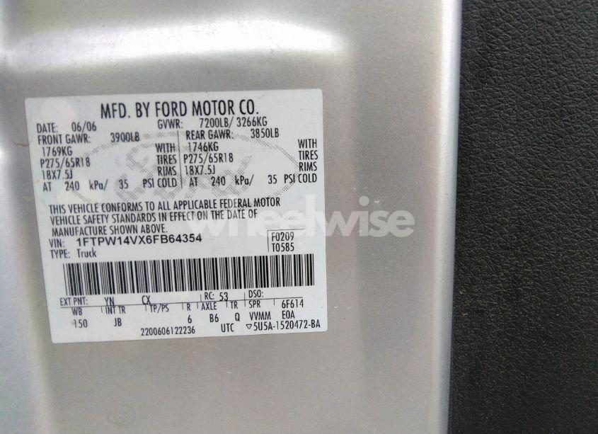 Photo 9 of 2006 Ford F-150 XLT/LARIAT/FX4 (VIN 1FTPW14VX6FB64354)