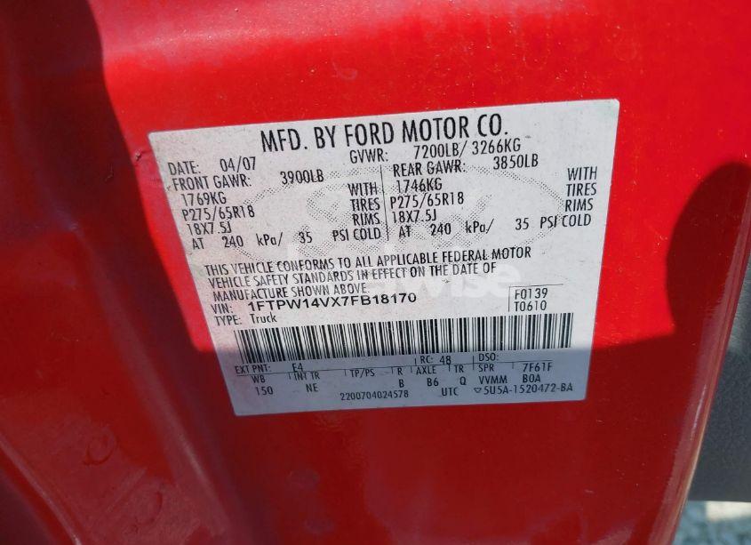 Photo 9 of 2007 Ford F-150 FX4/LARIAT/XLT (VIN 1FTPW14VX7FB18170)