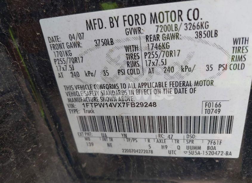 Photo 9 of 2007 Ford F-150 FX4/LARIAT/XLT (VIN 1FTPW14VX7FB29248)