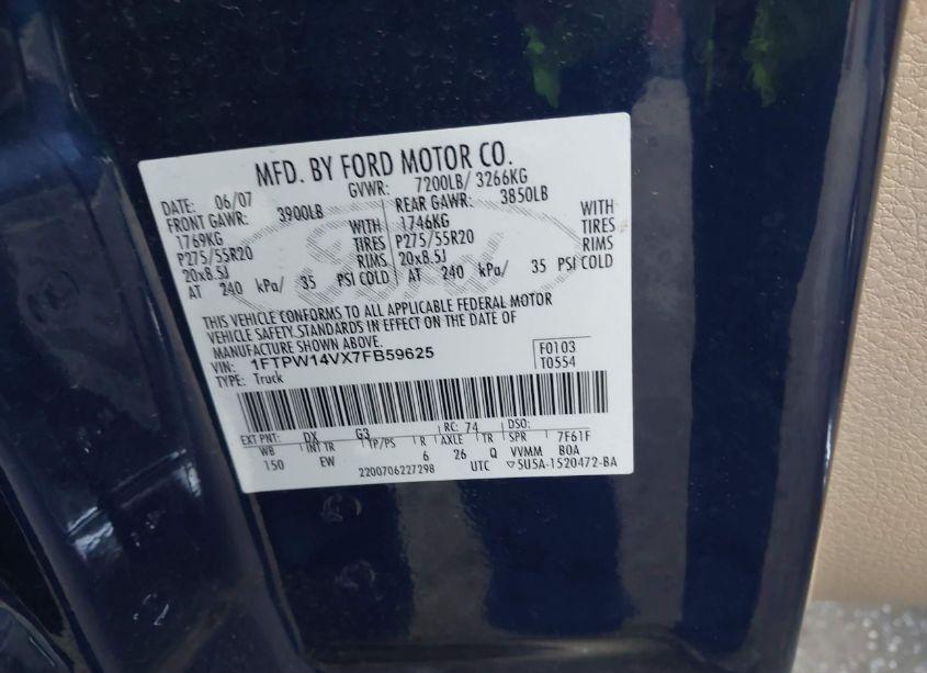 Photo 9 of 2007 Ford F-150 FX4/LARIAT/XLT (VIN 1FTPW14VX7FB59625)