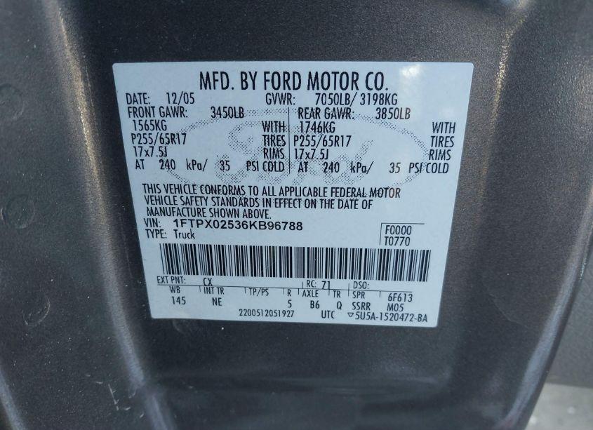 Photo 9 of 2006 Ford F-150 XLT (VIN 1FTPX02536KB96788)