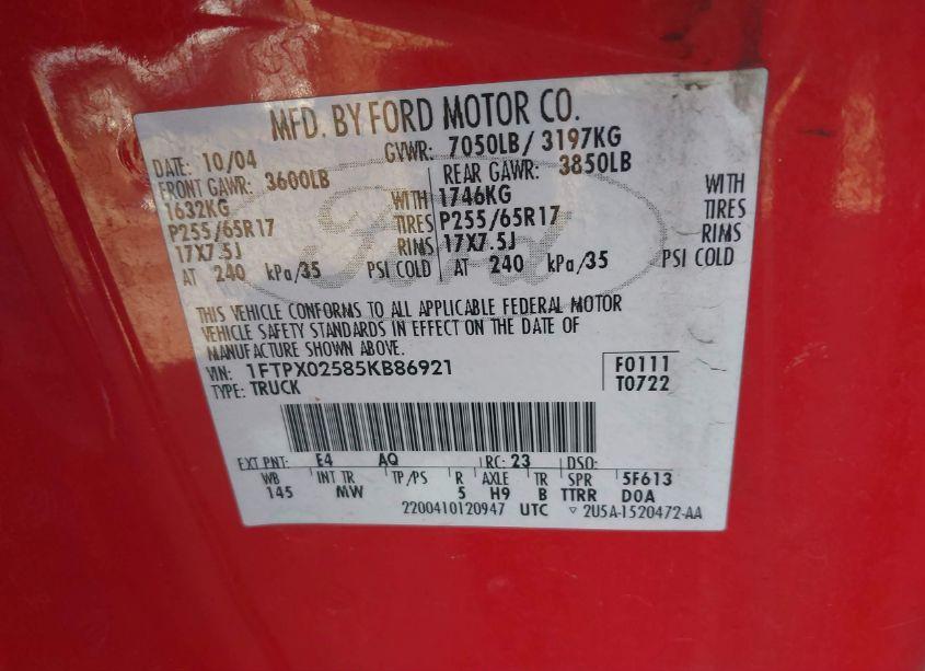 Photo 9 of 2005 Ford F-150 XLT (VIN 1FTPX02585KB86921)