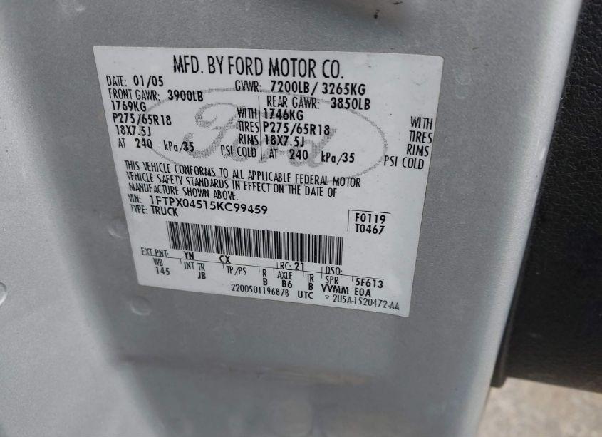 Photo 9 of 2005 Ford F-150 FX4/XLT (VIN 1FTPX04515KC99459)