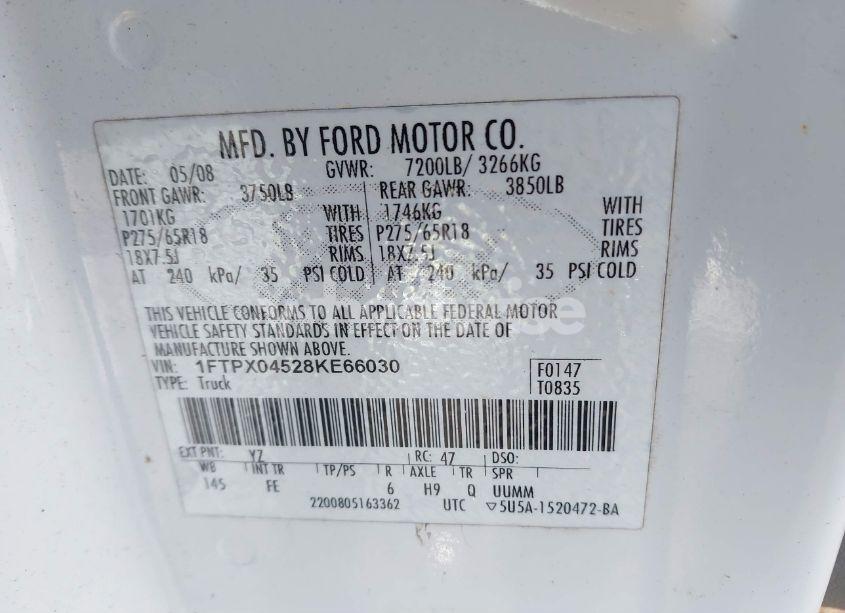 Photo 9 of 2008 Ford F-150 FX4/XLT (VIN 1FTPX04528KE66030)