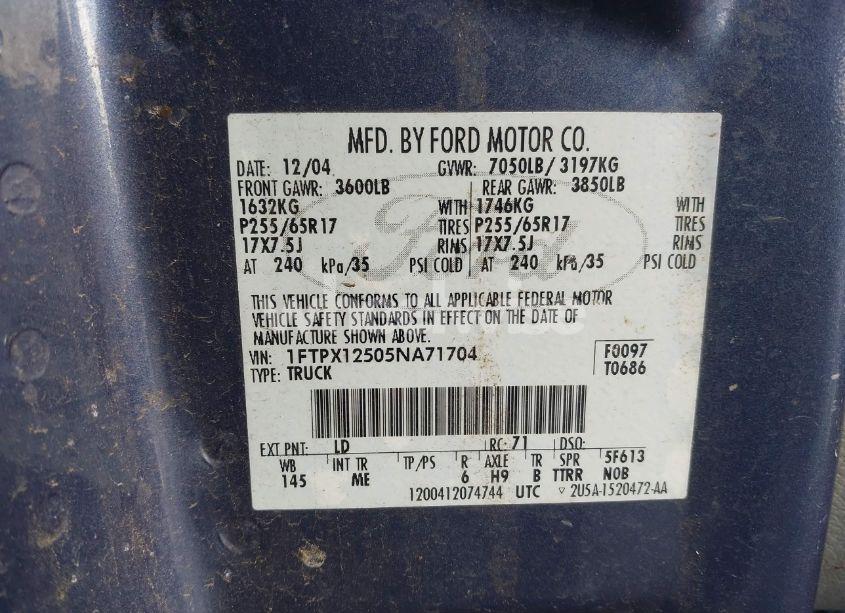 Photo 9 of 2005 Ford F-150 LARIAT/XL/XLT (VIN 1FTPX12505NA71704)