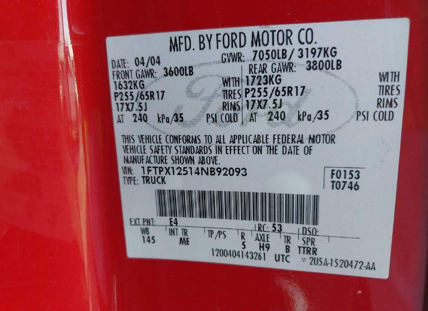 Photo 9 of 2004 Ford F-150 LARIAT/XL/XLT (VIN 1FTPX12514NB92093)