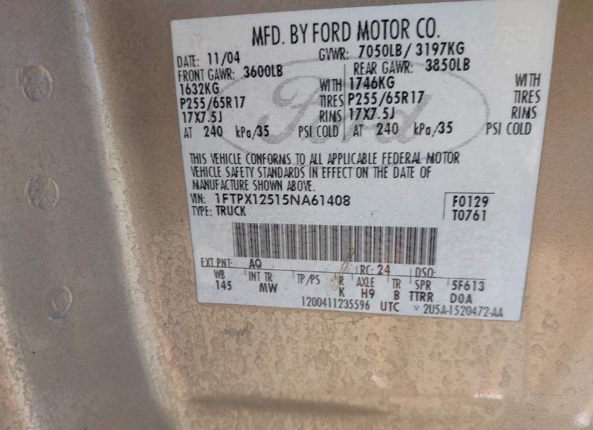 Photo 9 of 2005 Ford F-150 LARIAT/XL/XLT (VIN 1FTPX12515NA61408)