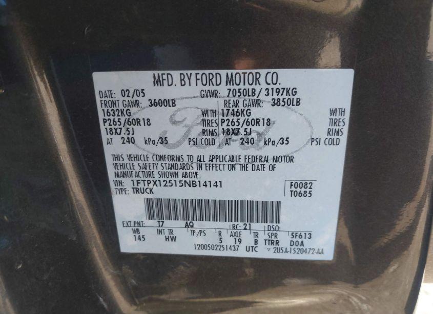 Photo 9 of 2005 Ford F-150 LARIAT/XL/XLT (VIN 1FTPX12515NB14141)