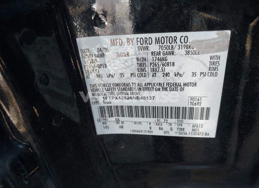 Photo 9 of 2006 Ford F-150 LARIAT/XL/XLT (VIN 1FTPX12526NB48137)