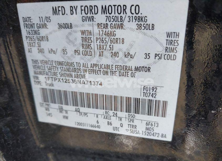 Photo 9 of 2006 Ford F-150 LARIAT/XL/XLT (VIN 1FTPX12536NA71374)