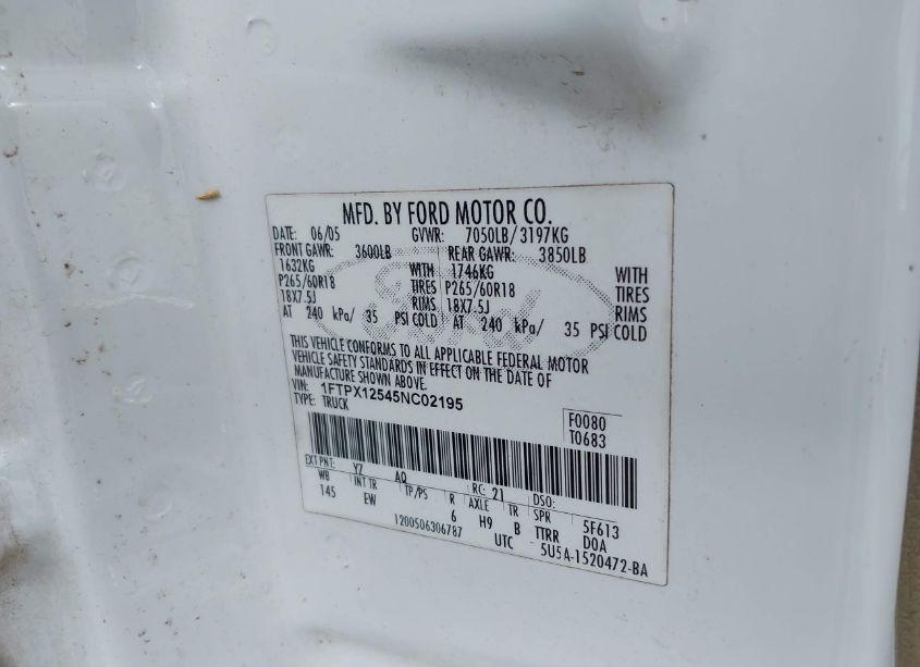 Photo 9 of 2005 Ford F-150 LARIAT/XL/XLT (VIN 1FTPX12545NC02195)